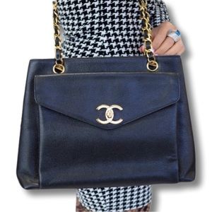 Vintage Chanel Black Caviar Front Envelope Pocket Tote
